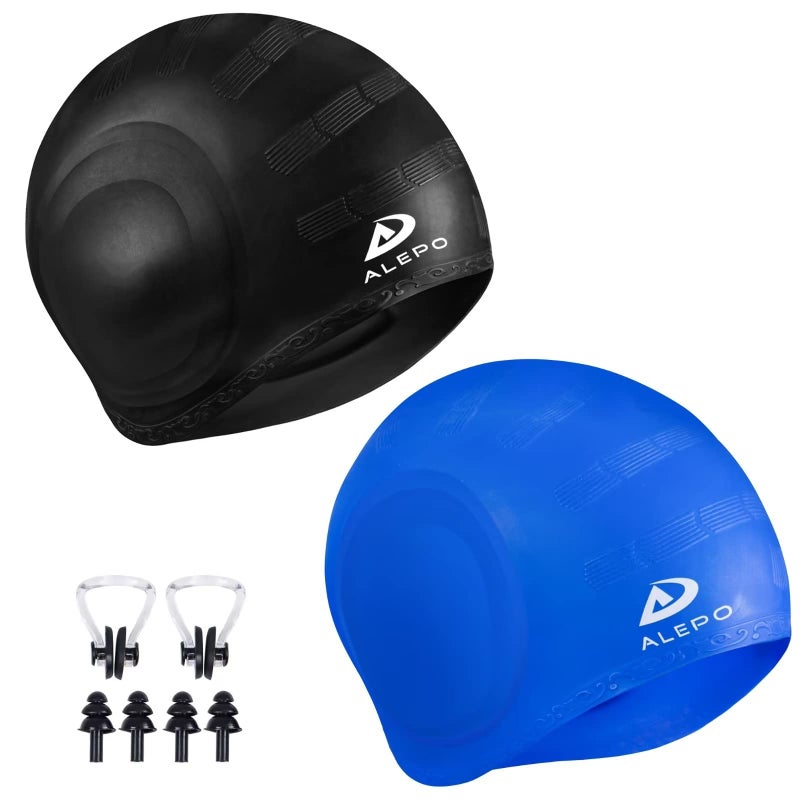 Alepo 2 Pack Unisex Swim Caps with 3D Ear Protection, Durable Flexible Silicone Swimming Hats for Women Men Kids Adults, Bathing Swimming Caps for Short/Long Hair with Ear Plugs&Nose Clip - Image 1